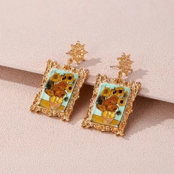 Gold Vincent van Gogh "Sunflowers 1887" Portrait Dangle Earrings - Picture 1 of 2